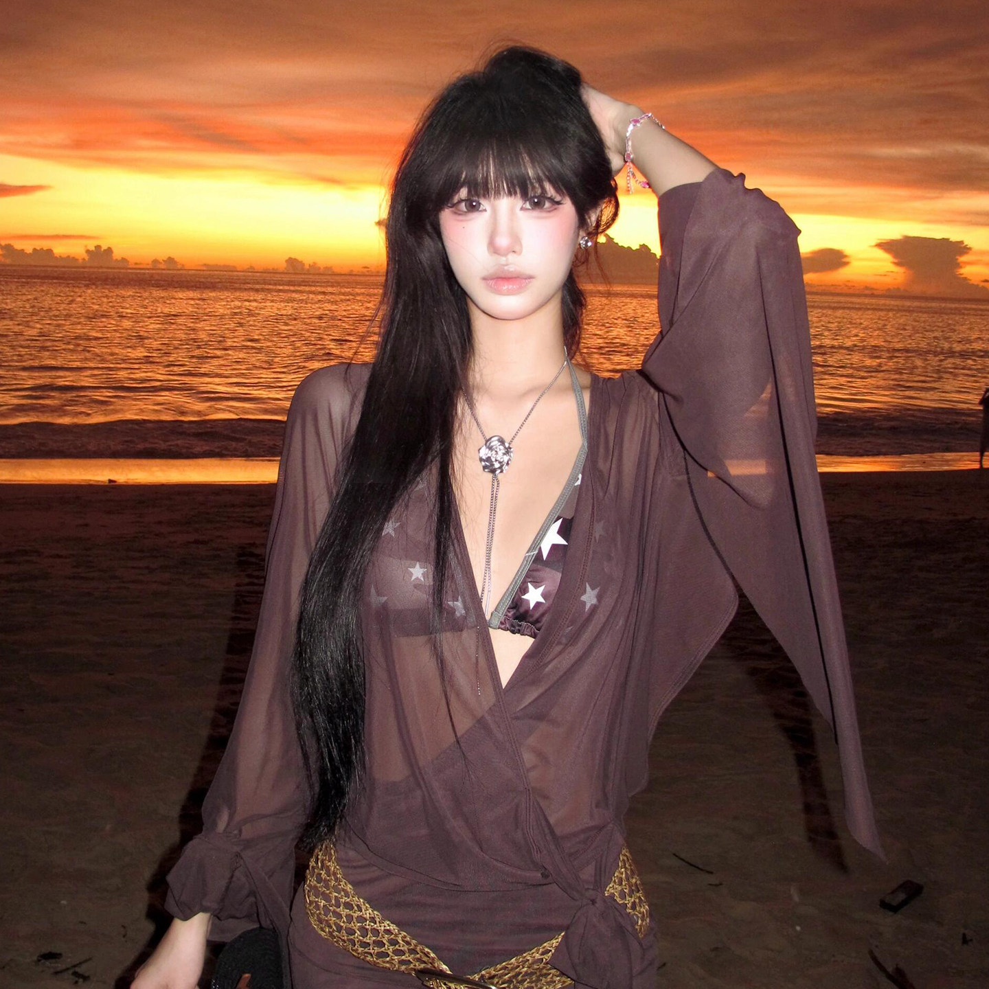 欧美辣妹性感星星比基尼三件套网纱长袖罩衫海边度假风温泉泳衣女