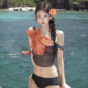 比基尼度假温泉性感泳衣女 热带花朵古早网纱斜肩罩衫 2026新款 泰式