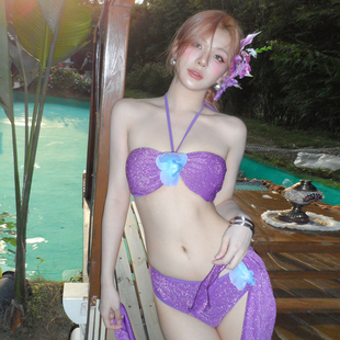 新款 性感紫色分体细闪面料比基尼裹裙bikini海边度假风温泉泳衣女