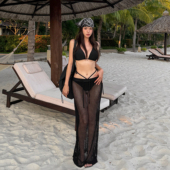 黑白两种颜色分体三点式 比基尼针织长裙三件套度假温泉性感泳衣女