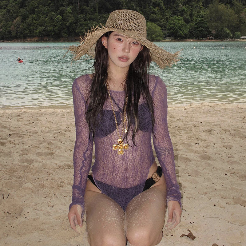 欧美泰式小众潮牌性感比基尼紫蕾丝长袖罩衫海边度假风温泉泳衣女