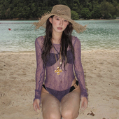 海边度假风温泉泳衣女 罩衫 欧美泰式 小众潮牌性感比基尼紫蕾丝长袖