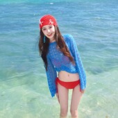 复古辣妹显白拍照氛围感分体钢圈比基尼三件套蓝针织罩衫 度假泳衣