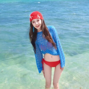 复古辣妹显白拍照氛围感分体钢圈比基尼三件套蓝针织罩衫 度假泳衣