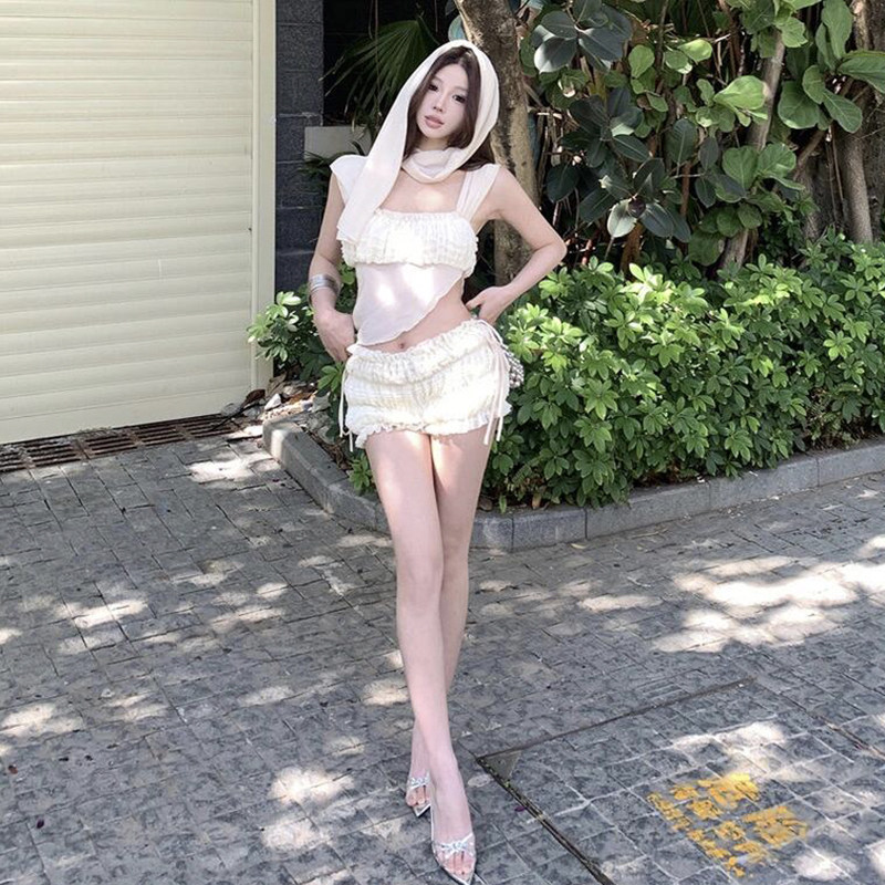 法式复古仙女头纱异域风褶皱抹胸上衣裹胸平角裤比基尼度假泳衣女