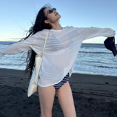 防晒套装 新款 罩衫 蓝色分体比基尼长袖 海边度假风泡温泉泳衣女 泳装