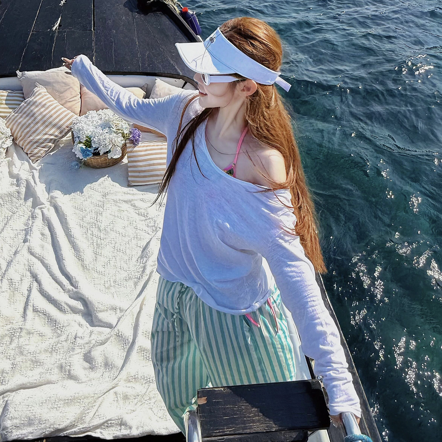 绝美泰式海边阔腿裤辣妹小胸比基尼长袖罩衫套装度假风温泉泳衣女