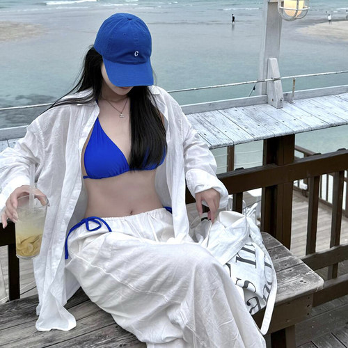 白色长裤长袖搭配比基尼泳衣女