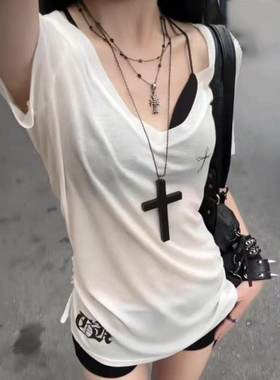 超大号木质十字架项链复古暗黑哥特风长款y2k亚比文化毛衣链简约