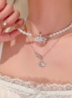 土星项链辣妹珍珠叠戴锁骨链2026新款爆款别针小众设计颈链choker