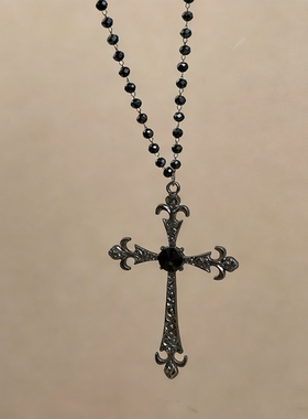 小众穿搭~黑色十字架项链女秋冬y2k卫衣毛衣链长款轻奢高级感配饰