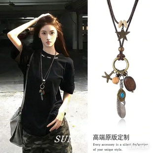 新中式禅意羽毛吊坠长款项链女复古民族风百搭毛衣链波西米亚配饰