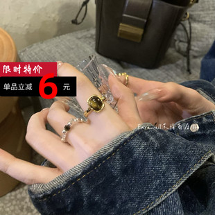 碎银素圈弹力指环淡水白贝母开口可调节天然石虎石百搭戒指个性