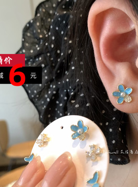 超好看高级感蓝色花朵耳钉女个性小众蝴蝶耳环日常百搭迷你耳饰