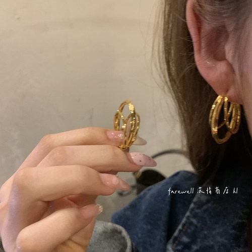 金银双色多层交叉耳圈C形立体设计极简通勤风日常百搭金属耳圈