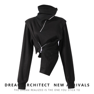 小心机短款上衣女2026新款斜拉链高领不规则下摆收腰长袖卫衣