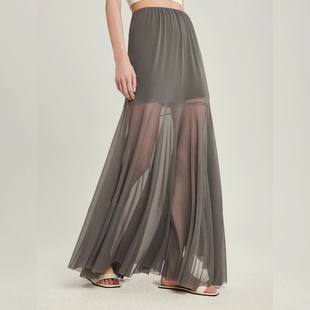 女装 休闲时尚 网纱拼接不规则半身裙设计感小众高腰长裙子 新款 春季