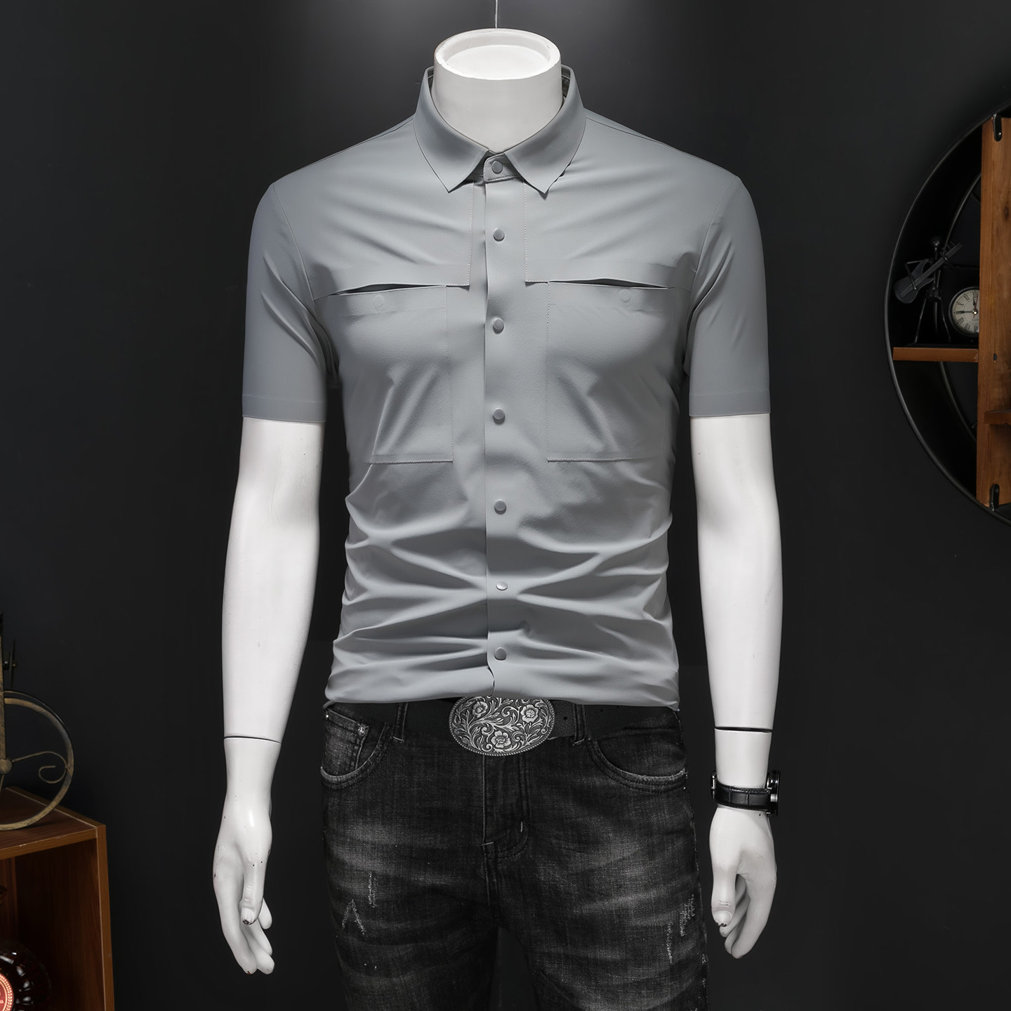 26夏季冰丝衬衫多色新款纯色商务无痕修身衬衫短袖2616-P68，男装衬衫，钱塘7038(原5007）