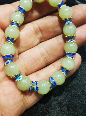 和田玉黄口料10毫米手链加景泰蓝配件 全手工作品 视频看货