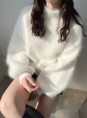 奶fufu白色貂绒毛衣女日系温柔灯笼袖宽松垂感套头慵懒风针织上衣