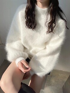 奶fufu白色貂绒毛衣女日系温柔灯笼袖宽松垂感套头慵懒风针织上衣