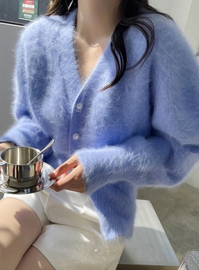 韩版东大门气质时尚低v领珍珠扣毛衣开衫女加厚短款貂绒针织外套