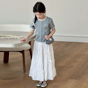 夏季女童洋气短袖半身裙儿童花边百搭T恤套装蛋糕长裙韩版两件套