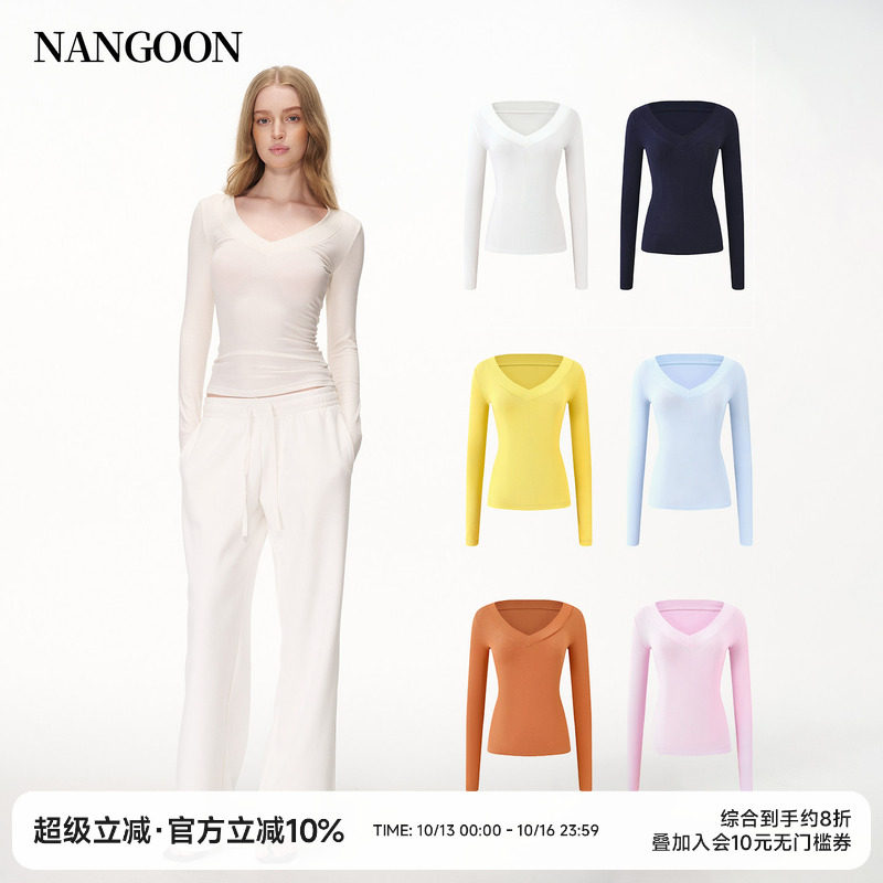 NANGOON 基础V领修身长袖T恤上衣百搭休闲老钱设计感气质女