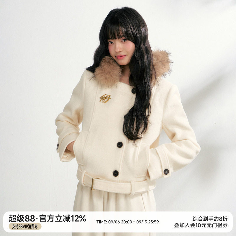 NANGOON秋冬毛领毛呢子夹棉大衣韩系短款羊毛外套上衣女裤子套装图片