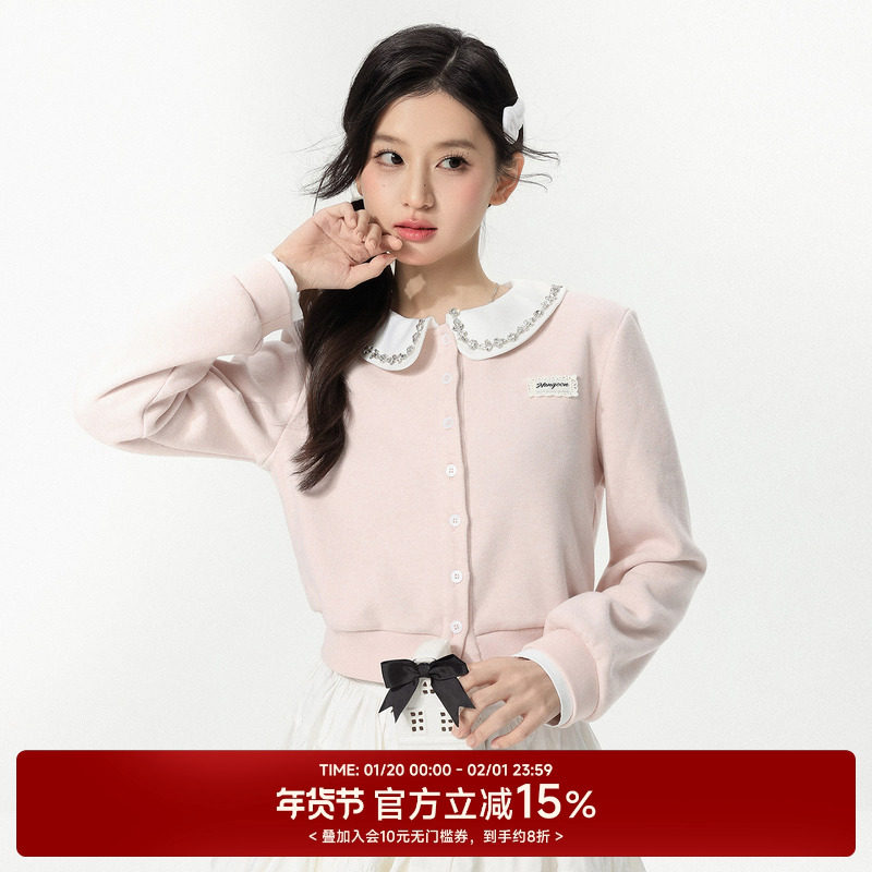 NANGOON 原创清冷气质娃娃领拼接水钻针织拼接收腰短款外套上衣女,女装/女士精品,毛针织衫,淘宝优惠券,粉丝福利购,淘宝优惠卷