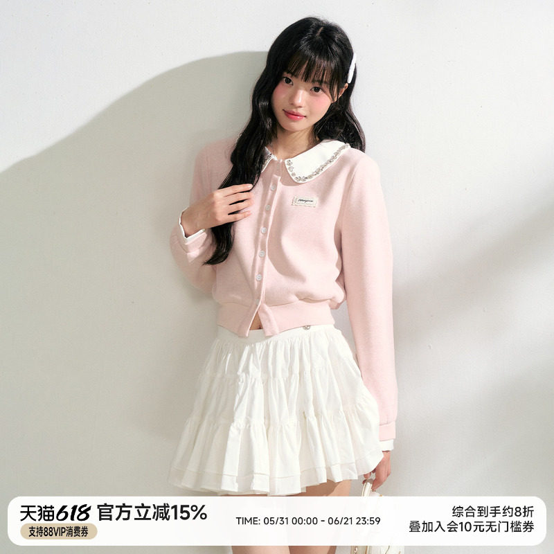 NANGOON 原创清冷气质娃娃领拼接水钻针织拼接收腰短款外套上衣女