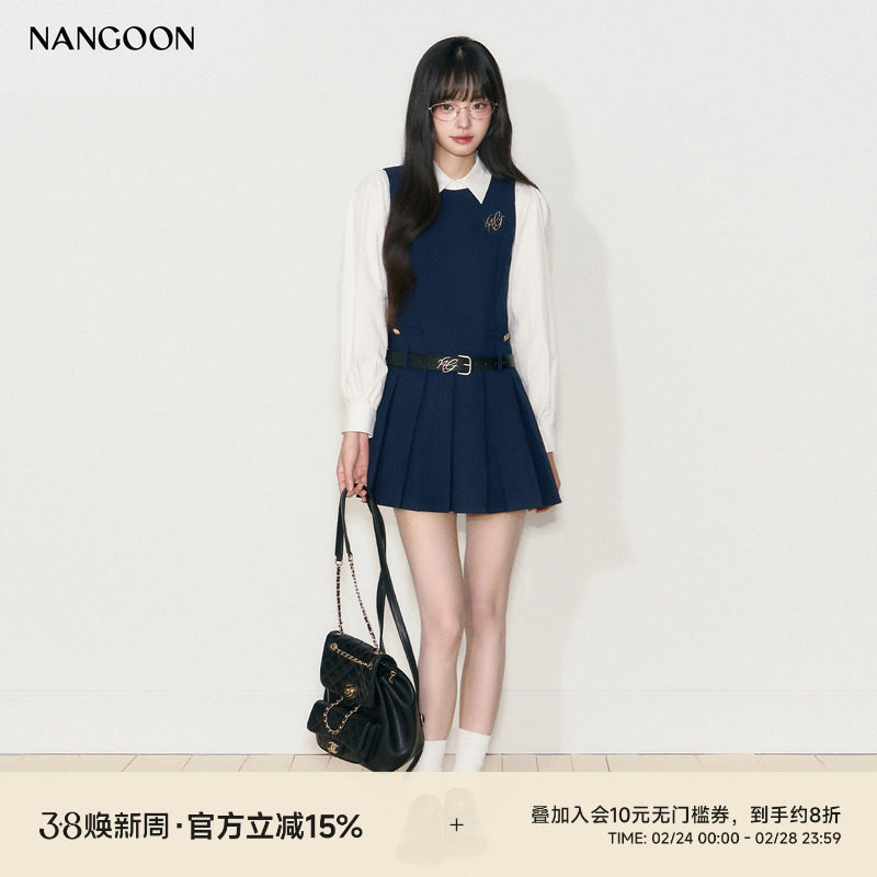 NANGOON 长袖衬衫上衣无袖百褶连衣裙套装气质学院风裙子百搭上衣