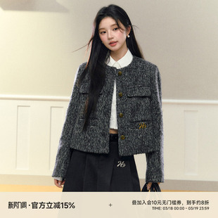 NANGOON 杂灰色毛呢小香风短外套秋冬原创设计感保暖设计感上衣女