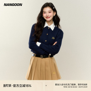 美式 NANGOON 新款 女春季 复古学院风绞花圆领毛衣外套 原创针织开衫