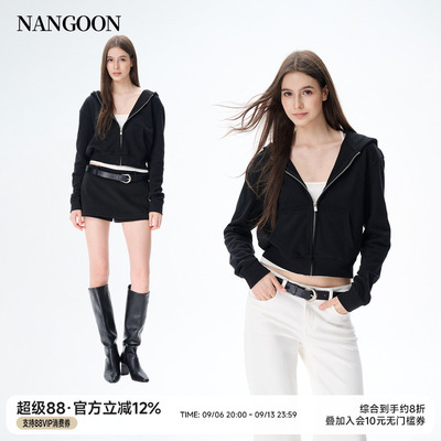 NANGOON 设计感黑色复古经典连帽短款基础款卫衣外套2026秋季新款
