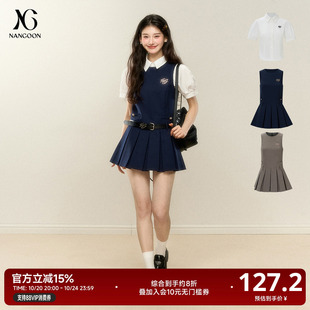 NANGOON 原创设计感百搭白色收腰衬衫短袖上衣无袖百褶连衣裙套装