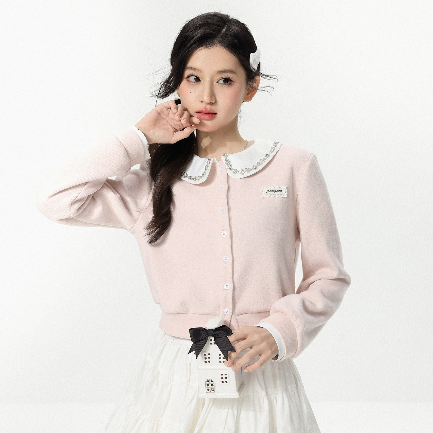 NANGOON 原创清冷气质娃娃领拼接水钻针织拼接收腰短款外套上衣女