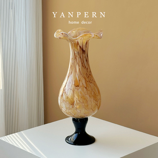 法式轻奢玻璃花瓶客厅插花装饰摆件复古高级感好看高脚琉璃花器