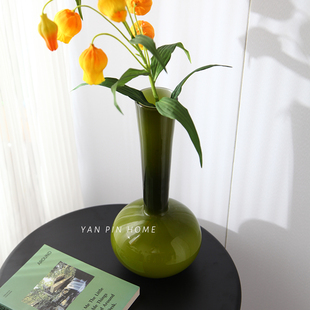 中古橄榄绿复古玻璃花瓶客厅卧室桌面摆件民宿样板间高级感装饰品