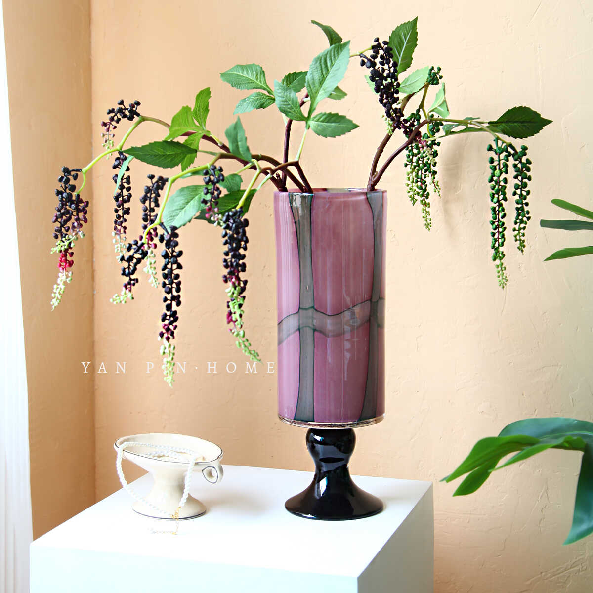 中古琉璃花瓶彩色客厅玄关高脚玻璃花器新中式高级感艺术装饰摆件