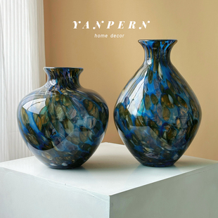 新中式现代蓝色客厅玄关茶几餐桌轻奢琉璃花瓶样板房桌面摆件花器