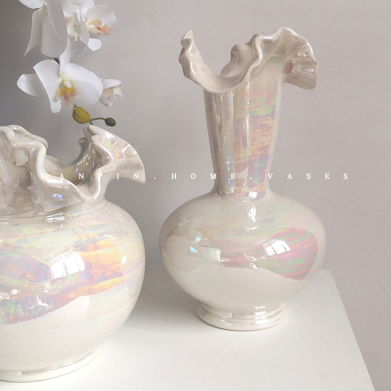 创意荷叶边设计款镀彩珠光陶瓷花瓶客厅居家卧室房间插花装饰摆件-封面