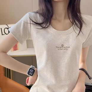 正肩女t恤短袖 夏新款 宽松显瘦圆领纯棉设计感小众百搭短灰色上衣