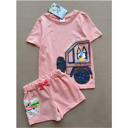 『Ai美美』2-7岁 女童 超可爱 粉色狗狗 亮片 棉质短袖短裤套装