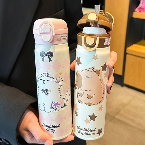 保温杯女生高颜值2026新款可爱小学生上学专用儿童便携弹盖直身杯