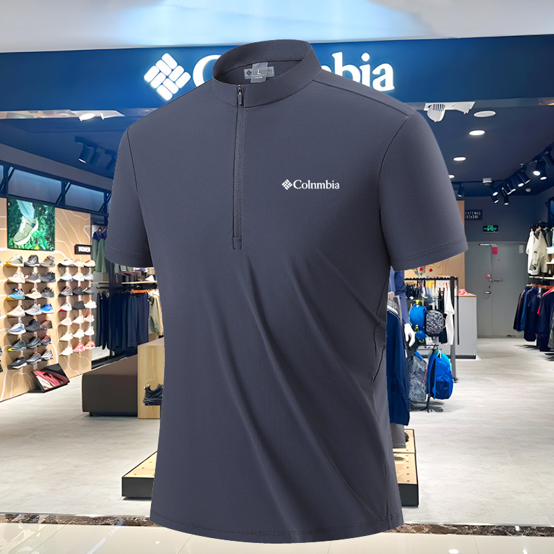 哥伦运动衣半拉链短袖男士速干T恤跑步训练服健身弹力冰丝透气t恤