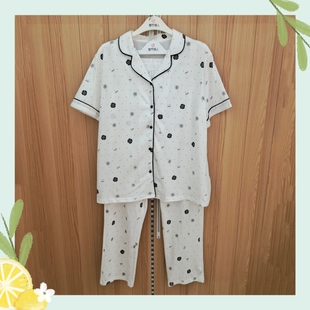 都市丽人睡衣LHC1E4无尘棉100%棉透气不粘毛开衫翻领短袖长裤套装