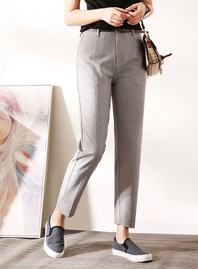 千鸟格子裤子女英伦风高腰客供面料职场精英抗皱垂挺茶灰色锥形裤