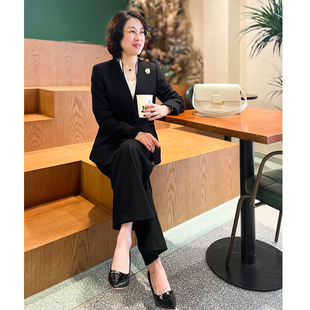 恩 家三个字强缩绒全羊毛套装 春秋无领西装 直筒裤 黑色西装套装