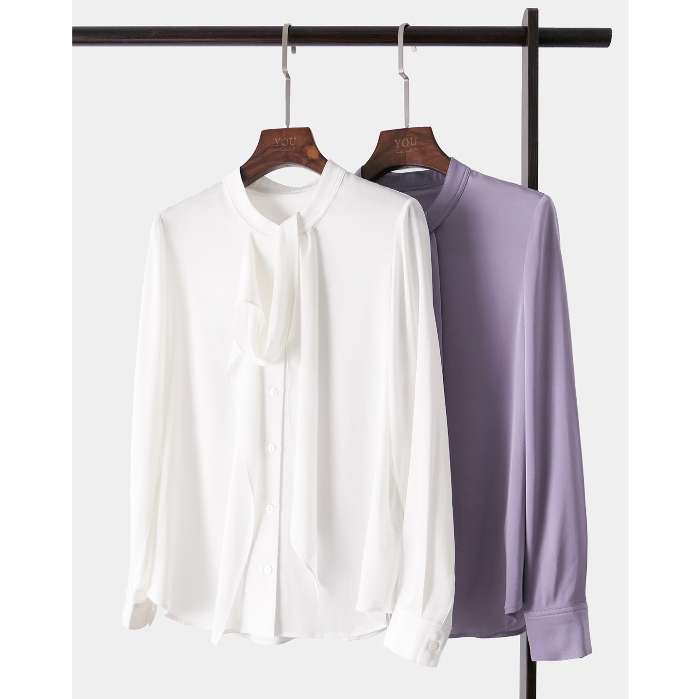 YouYoung悠扬|弹力真丝飘带衬衫女长袖 通勤优雅   白色紫色